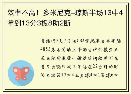 效率不高！多米尼克-琼斯半场13中4拿到13分3板8助2断