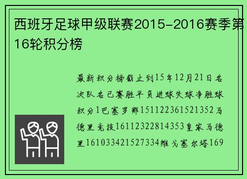 西班牙足球甲级联赛2015-2016赛季第16轮积分榜